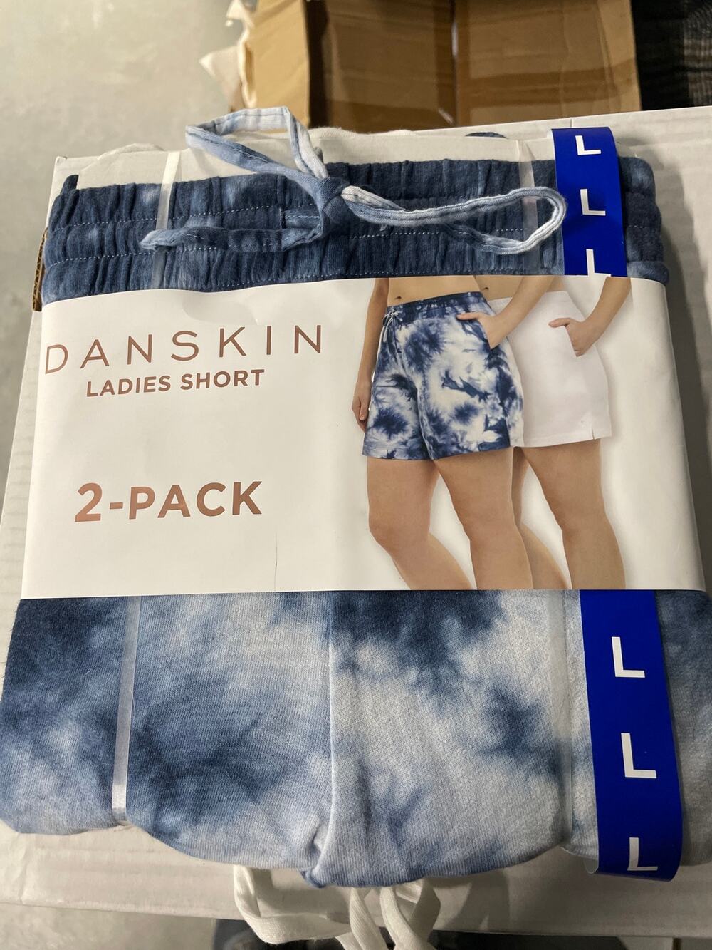 Women’s Danskin 2 Pack Shorts White and Tie-dye Neptune Blue Size L